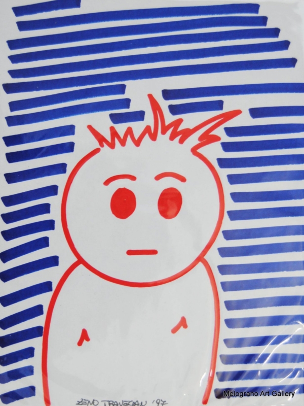 ragazzetto stilizzato delineato in rosso su cartoncino colorato con righe blu