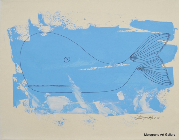 balena blu disegnata con tratto e pennellate azzurro chiaro su fondo bianco