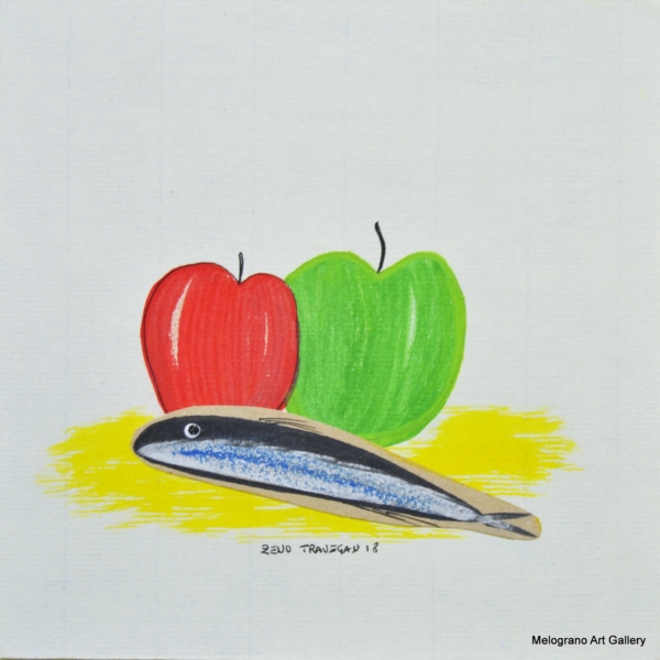 natura morta con mela rossa mela verde e acciuga su pennellata gialla