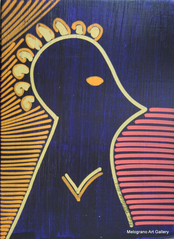 volto femminile caricaturale in arancio su fondo viola serie oh lady