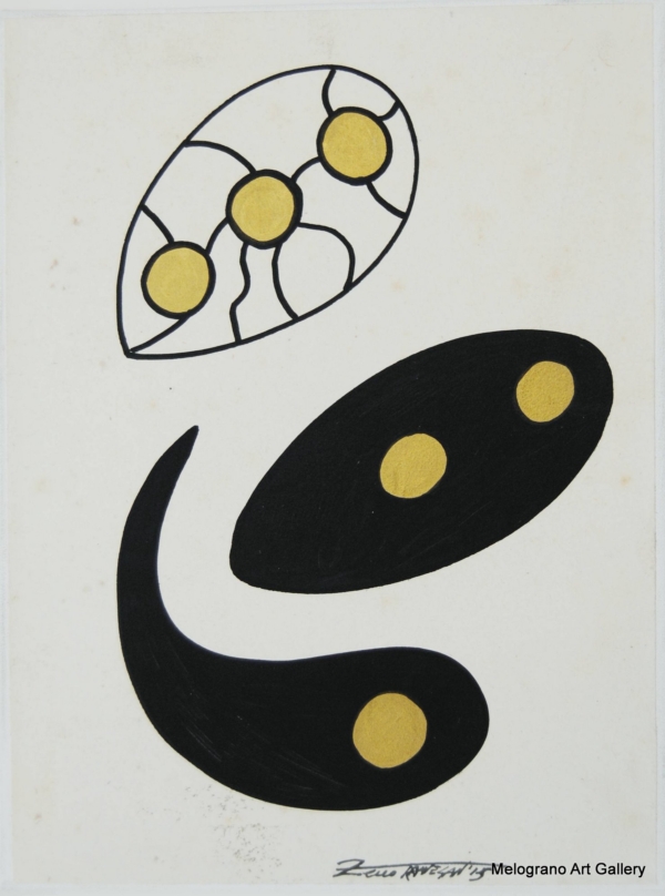 Disegno simbolico astratto Gravante Origine figure nero e oro su fondo bianco minimalista