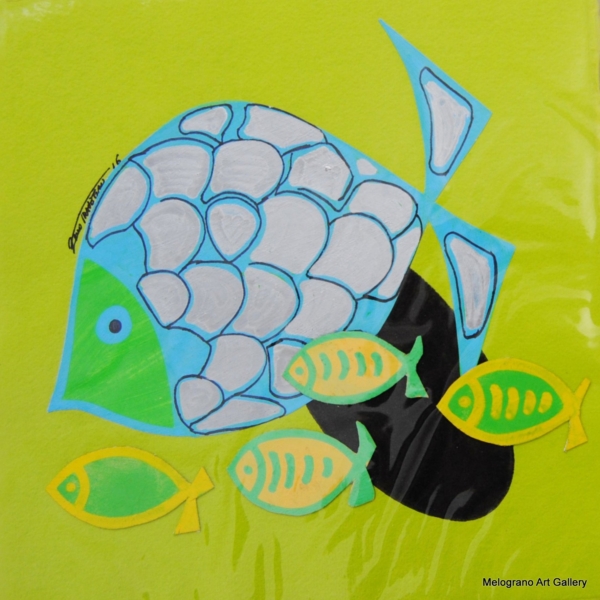 pesce grande guida pesciolini piccoli sagome stilizzate su sfondo verde pop