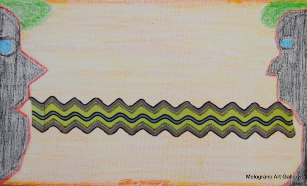 due profili con righe ondulate tra le bocche su tela titolo prove di parole in corso