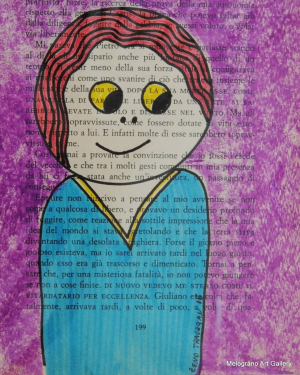 figurina stilizzata delineata con pennarelli su pagina di libro colorata