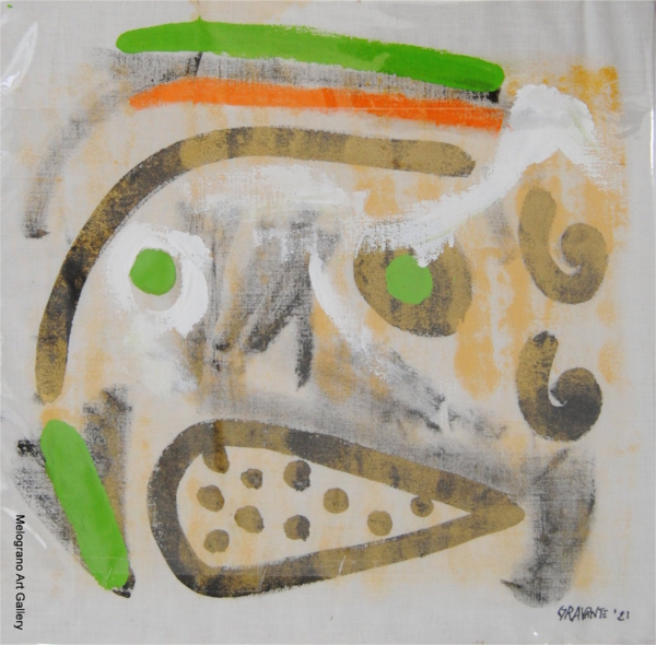 Quadro astratto Gravante 2021 volto maschera espressiva verde arancio marrone pittura su tela