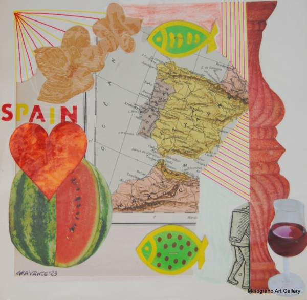 Cartina della Spagna con simboli pop stilizzati come cuori, pesci e cocomeri