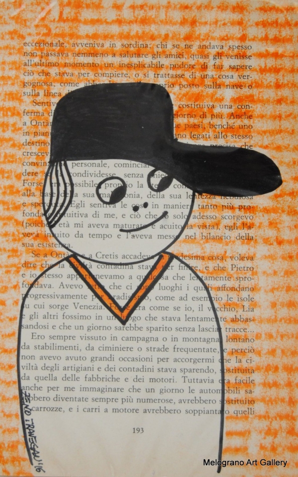 figurina stilizzata delineata con pennarelli su pagina di libro colorata