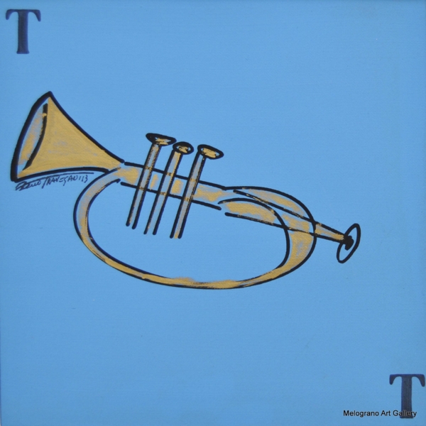 tromba stilizzata in oro su fondo azzurro