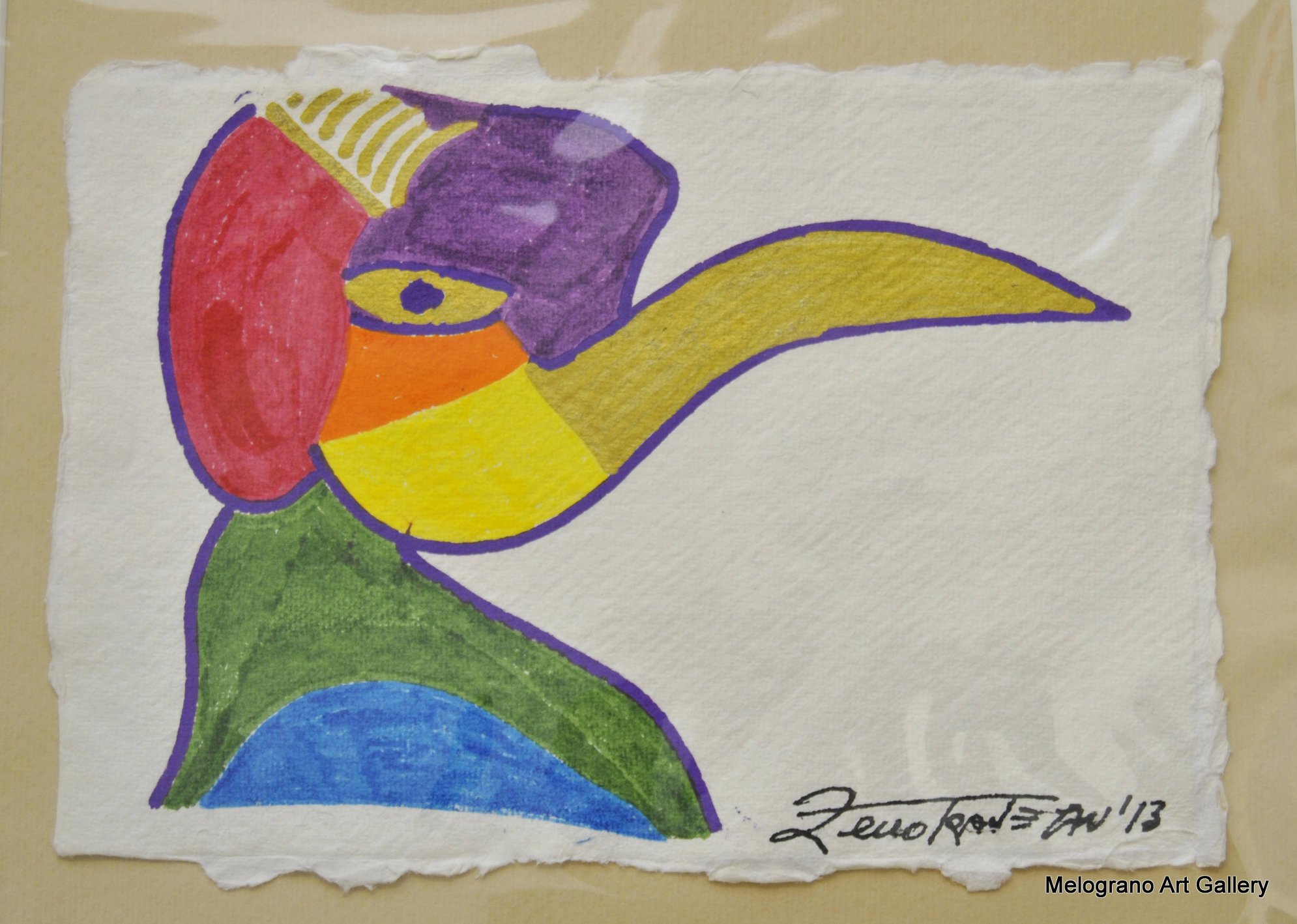 uccello con lungo becco e volto composto da placche colorate stile maschera