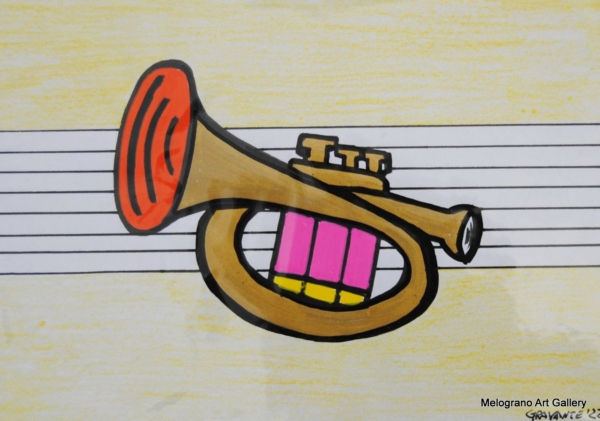 tromba stilizzata disegnata su pentagramma titolo trumpet