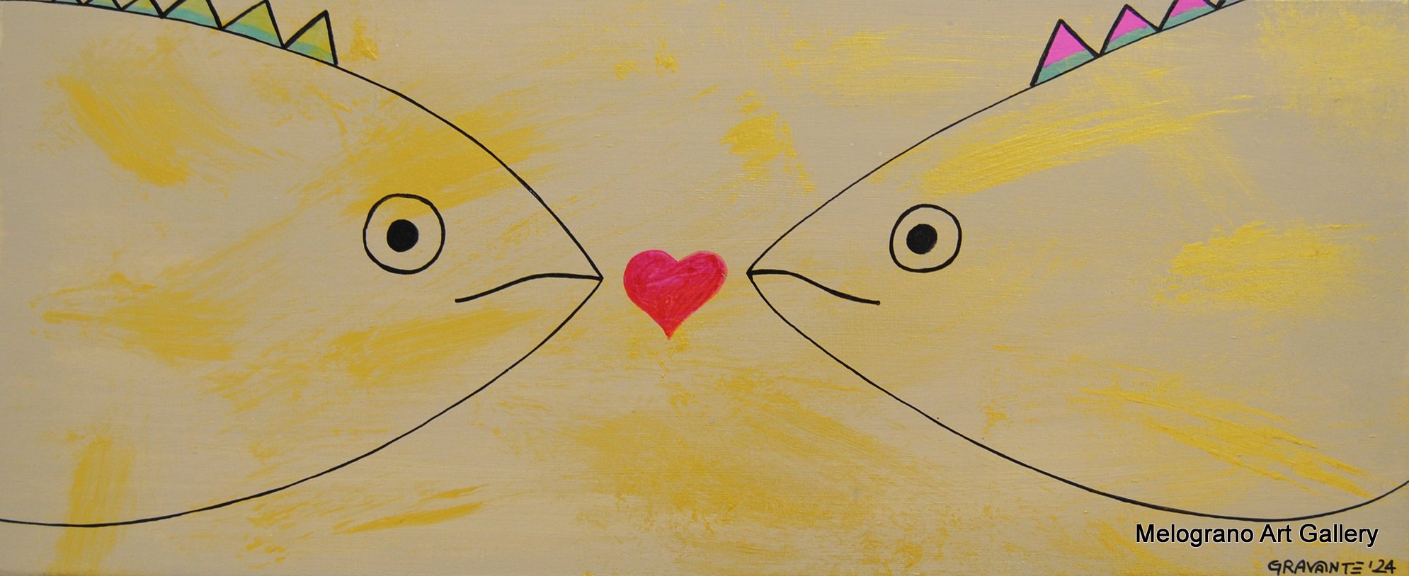 Due tonni stilizzati su fondo oro che si incontrano muso a muso con un cuoricino rosso