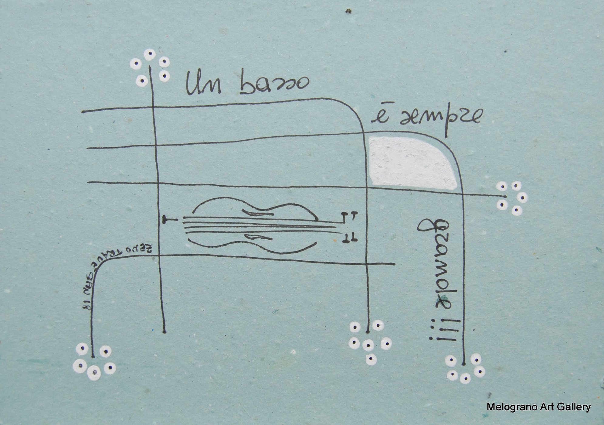 basso elettrico stilizzato con scritta un basso è sempre grande su tavoletta azzurra