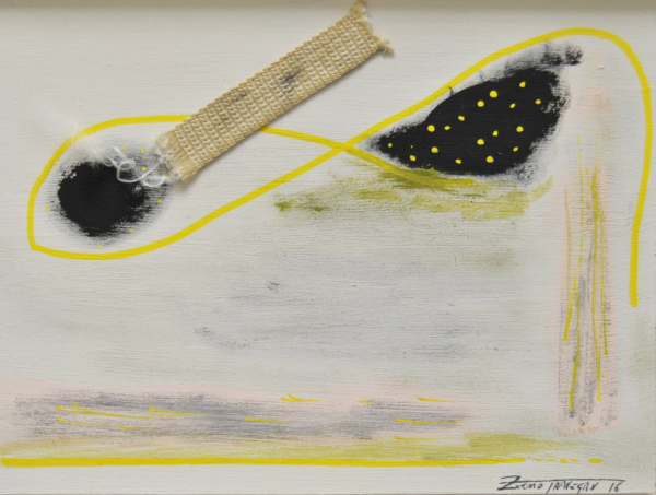 Quadro astratto materico Gravante Una Notte in Cerca dei Miei Pensieri sfondo chiaro pennellate rosa giallo nero e juta