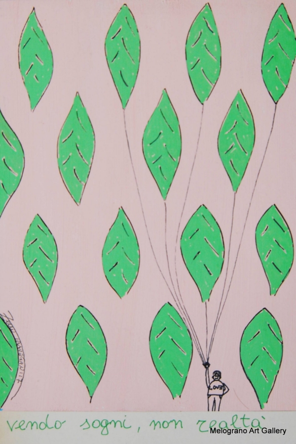 tavoletta rosa con foglie verdi come palloncini tenuti da un pallonaro e scritta vendo sogni non realtà