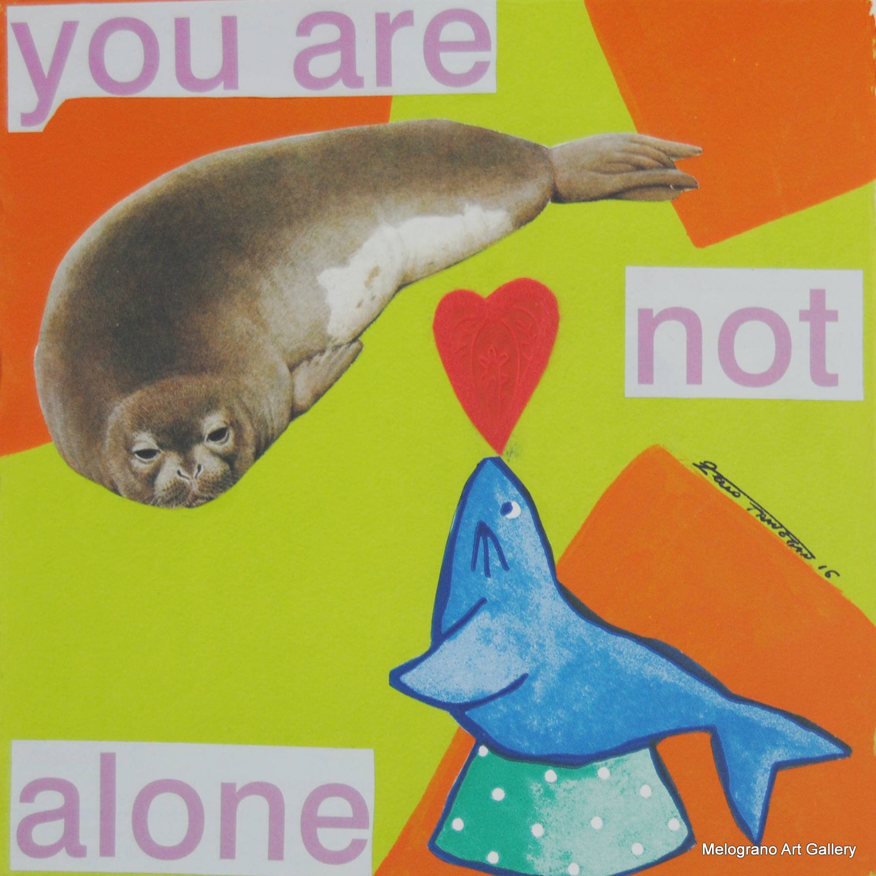 illustrazione pop con due foche e scritta you are not alone