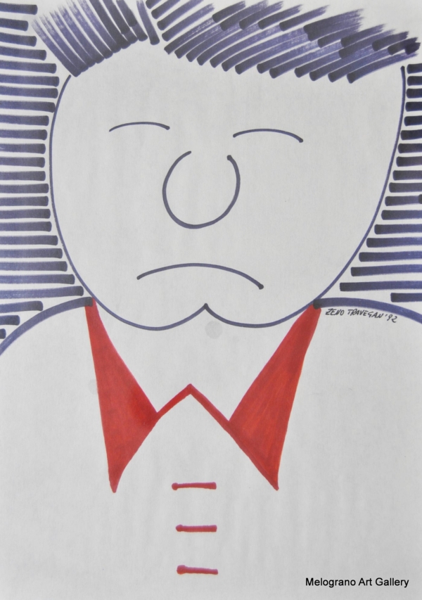 Uomo stilizzato delineato in rosso su cartoncino colorato con righe blu