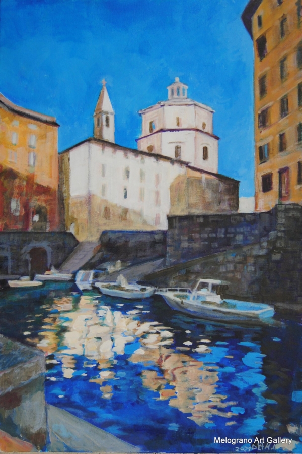 Acquerello della chiesa di Santa Caterina nel quartiere Venezia con riflessi nel fosso