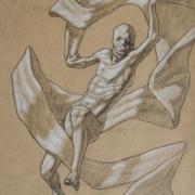 Daniel Williams – disegno espressionista su carta scura con chimere e creature immaginarie