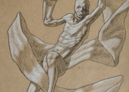 Daniel Williams – disegno espressionista su carta scura con chimere e creature immaginarie