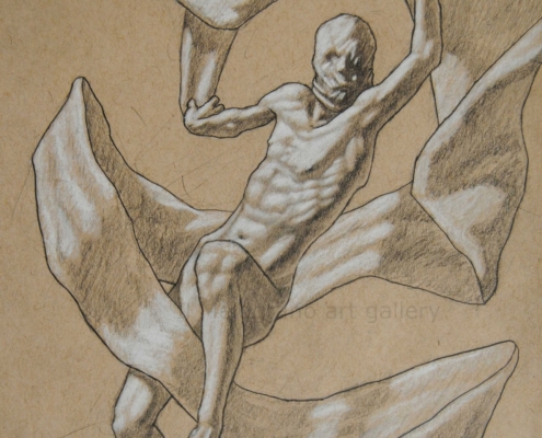 Daniel Williams – disegno espressionista su carta scura con chimere e creature immaginarie