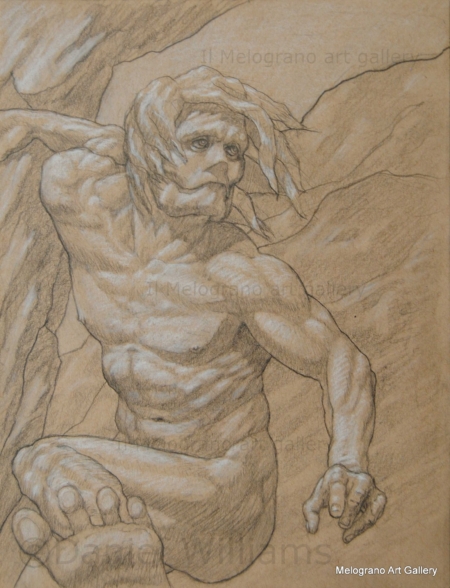 Daniel Williams – disegno espressionista su carta scura con chimere e creature immaginarie