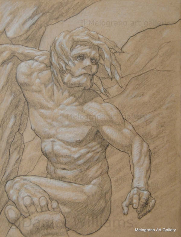 Daniel Williams – disegno espressionista su carta scura con chimere e creature immaginarie