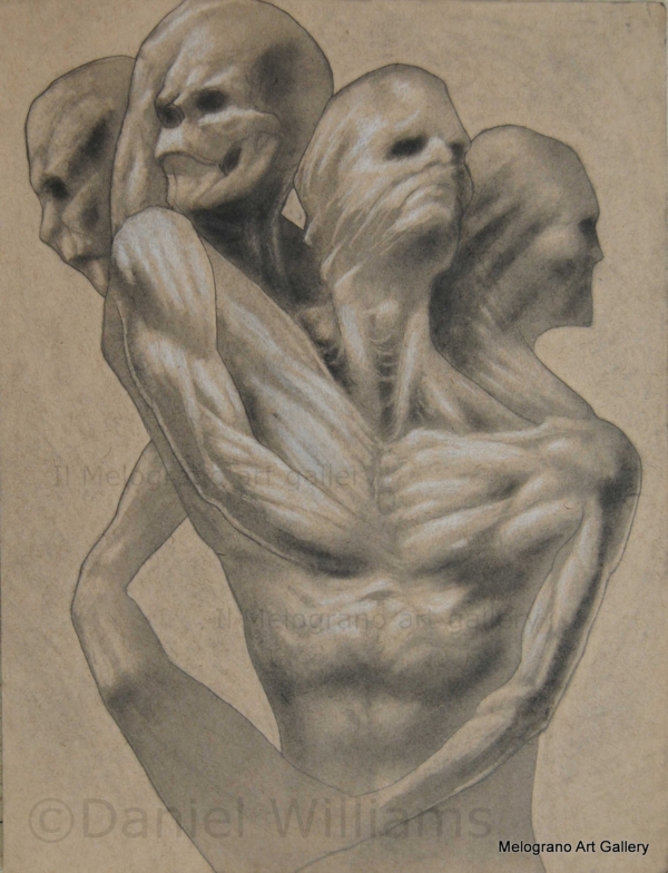 Daniel Williams – disegno espressionista su carta scura con chimere e creature immaginarie