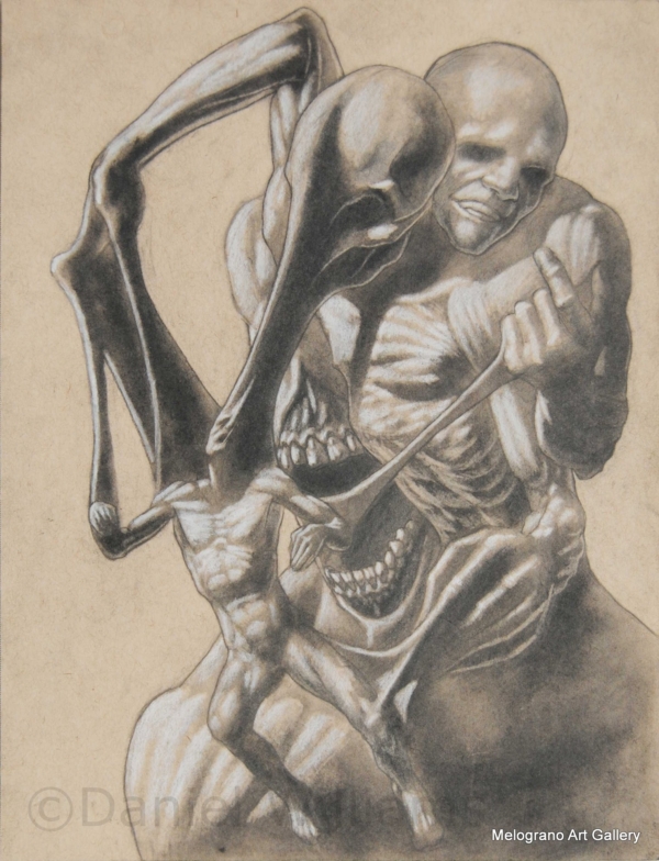 Daniel Williams – disegno espressionista su carta scura con chimere e creature immaginarie