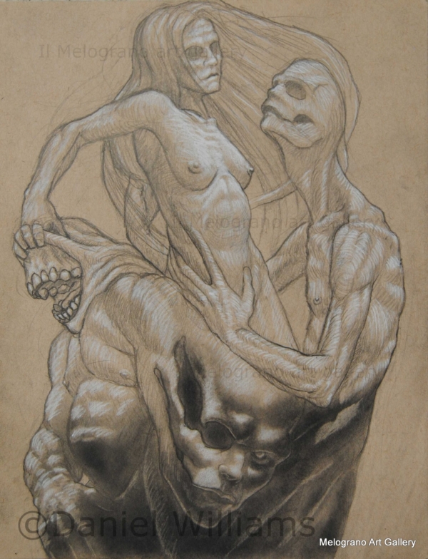 Daniel Williams – disegno espressionista su carta scura con chimere e creature immaginarie