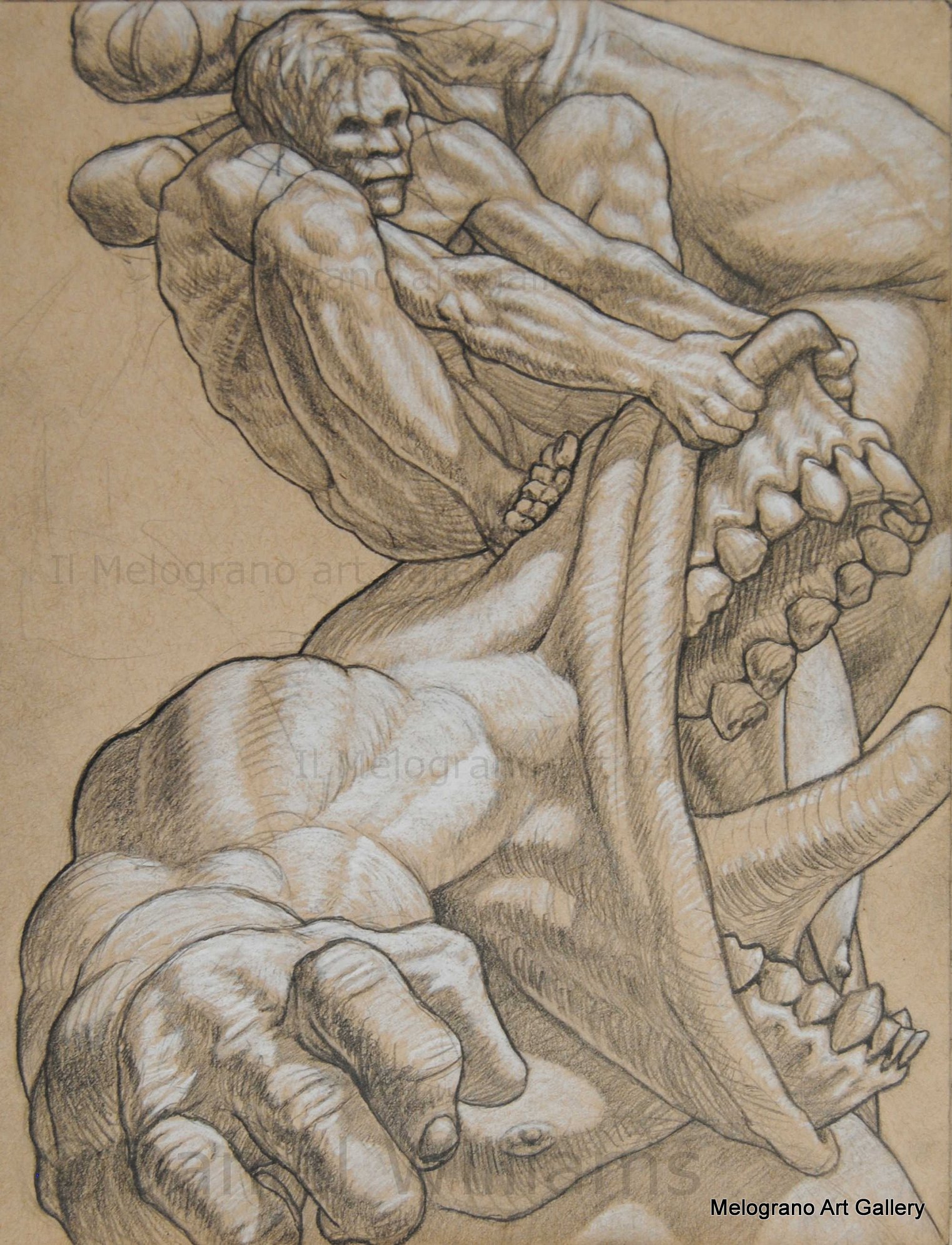 Daniel Williams – disegno espressionista su carta scura con chimere e creature immaginarie