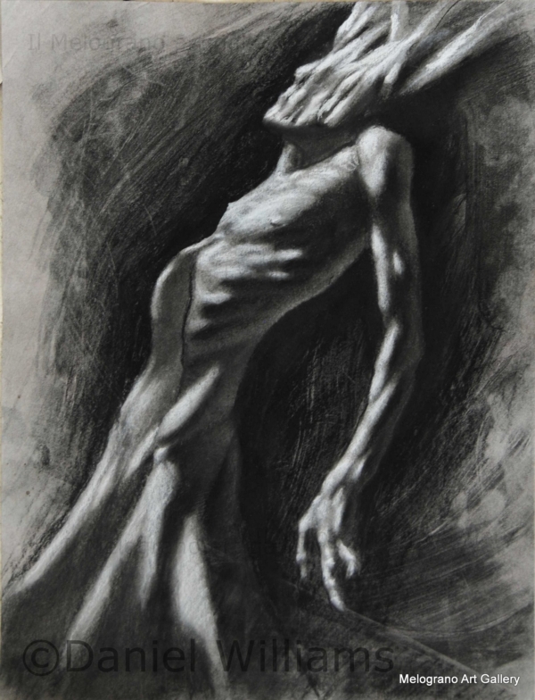 Daniel Williams – disegno espressionista su carta scura con chimere e creature immaginarie