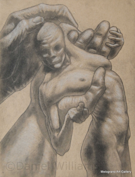 Daniel Williams – disegno espressionista su carta scura con chimere e creature immaginarie