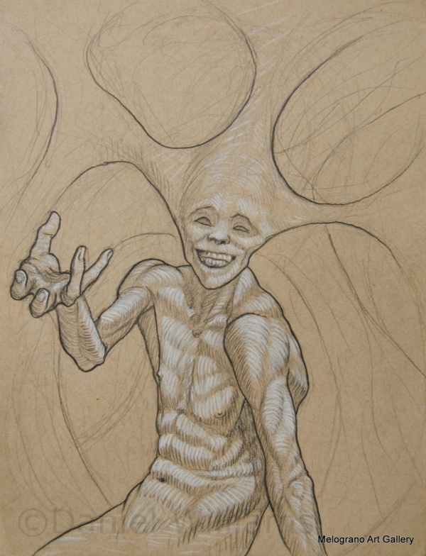 Daniel Williams – disegno espressionista su carta scura con chimere e creature immaginarie