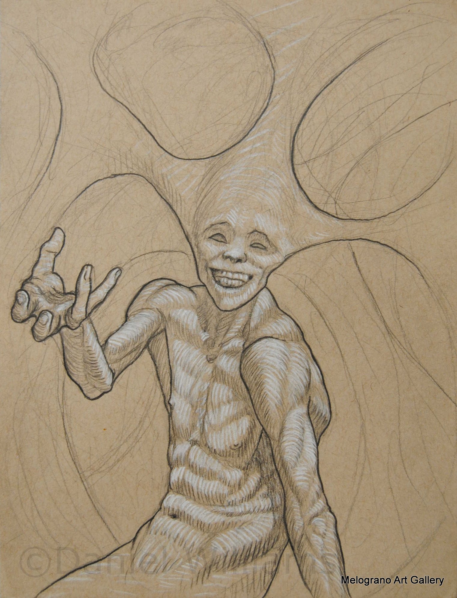 Daniel Williams – disegno espressionista su carta scura con chimere e creature immaginarie