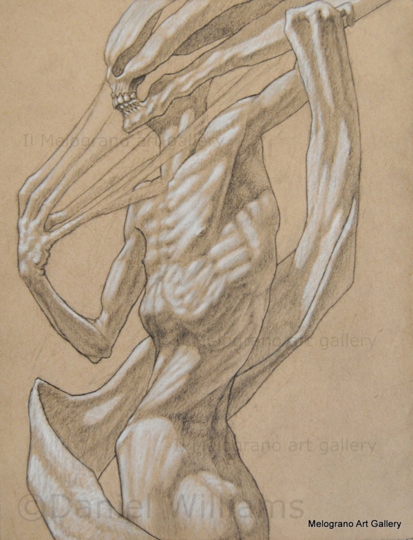 Daniel Williams – disegno espressionista su carta scura con chimere e creature immaginarie