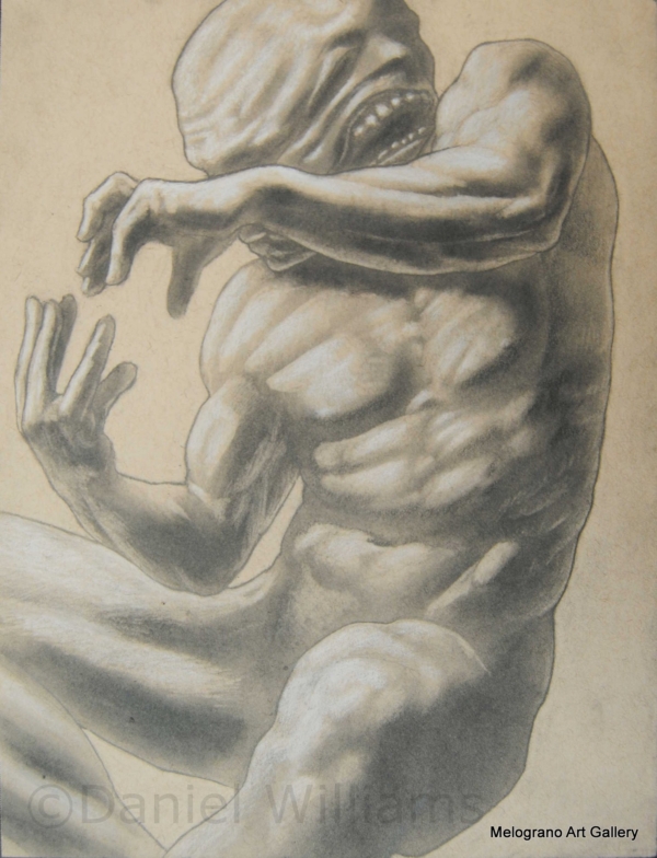 Daniel Williams – disegno espressionista su carta scura con chimere e creature immaginarie