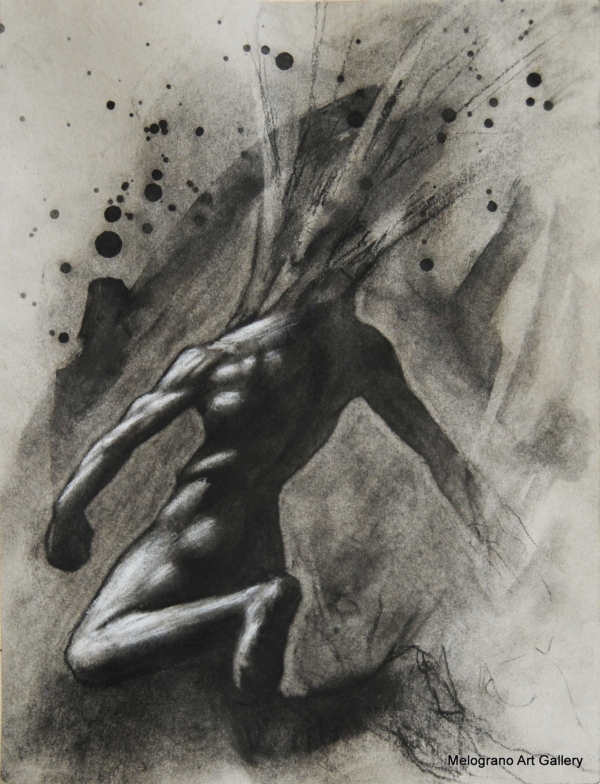 Daniel Williams – disegno espressionista su carta scura con chimere e creature immaginarie