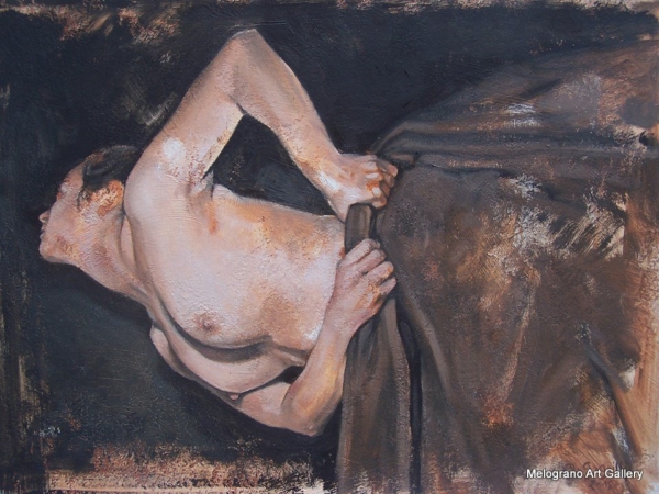 Opera di Didier Goguilly, pittura figurativa contemporanea, tema sonno e illusione, luce e colore dialogano con silenzio e assenza