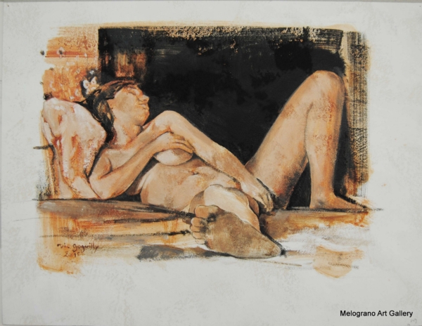 Opera di Didier Goguilly, pittura figurativa contemporanea, tema sonno e illusione, luce e colore dialogano con silenzio e assenza