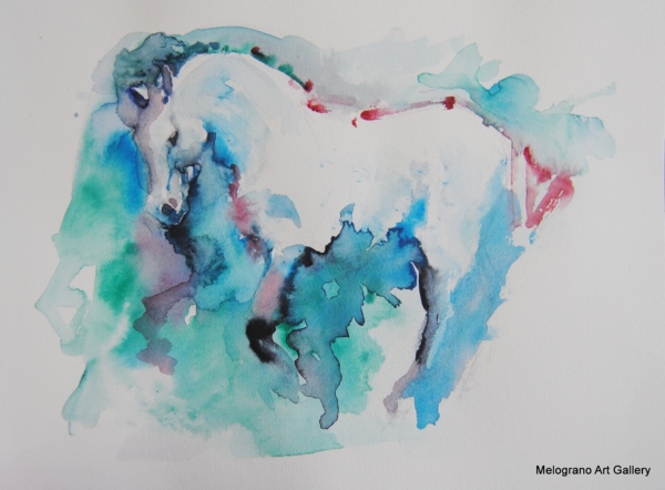 Acquarello di Donatella Lami che ritrae un cavallo con colori surreali e una grazia straordinaria.