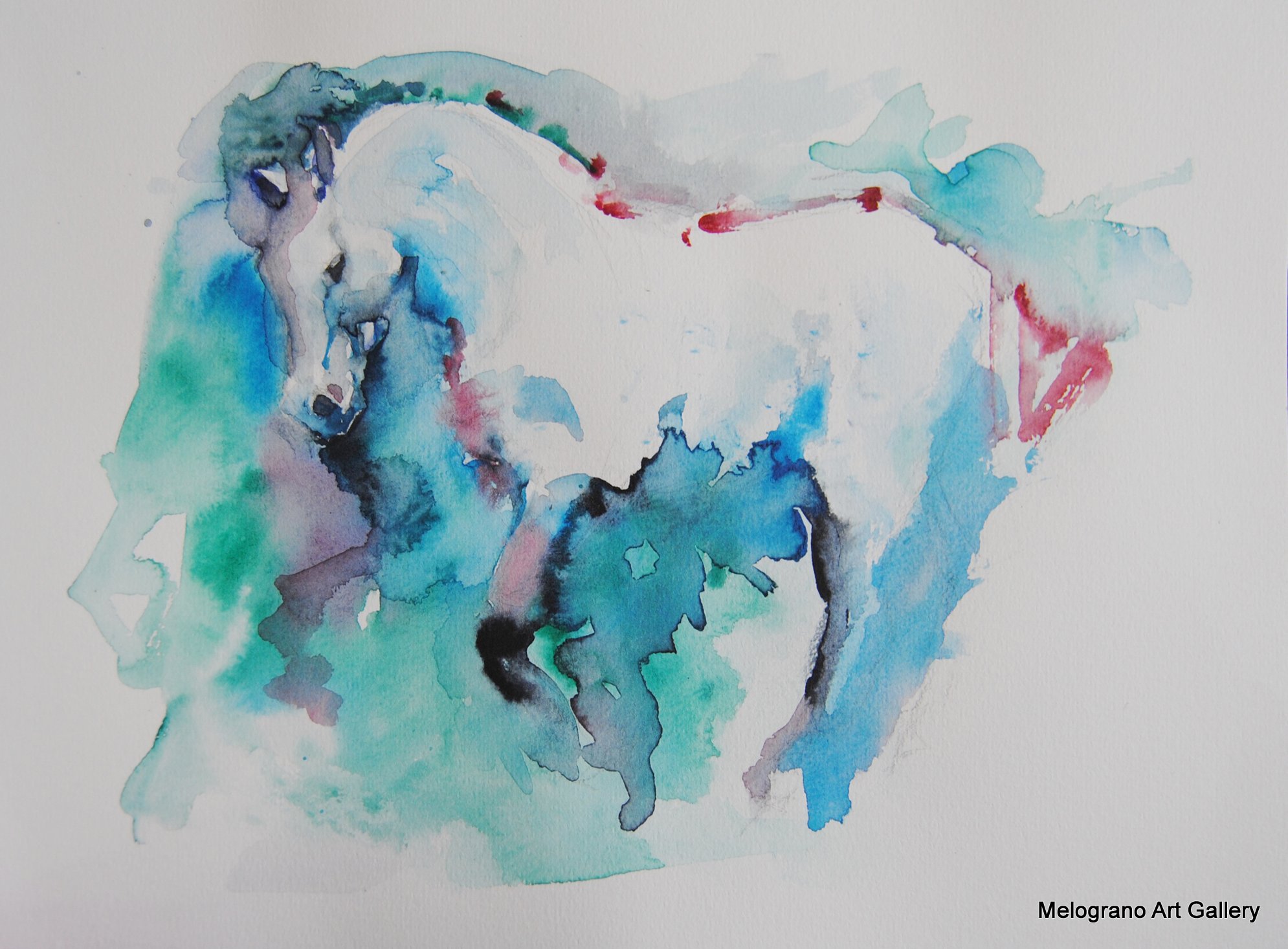 Acquarello di Donatella Lami che ritrae un cavallo con colori surreali e una grazia straordinaria.