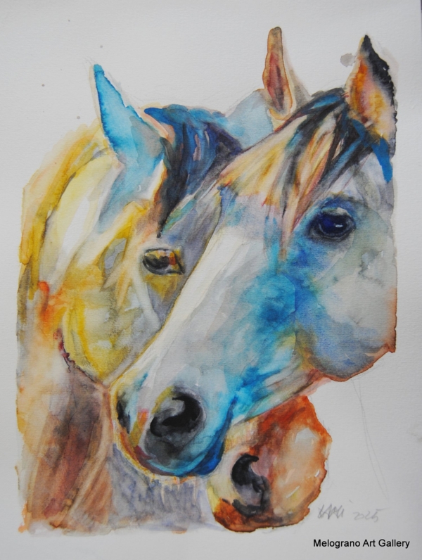 Acquarello di Donatella Lami che ritrae un cavallo con colori surreali e una grazia straordinaria.