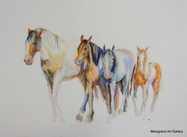 Acquarello di Donatella Lami che ritrae un cavallo con colori surreali e una grazia straordinaria.