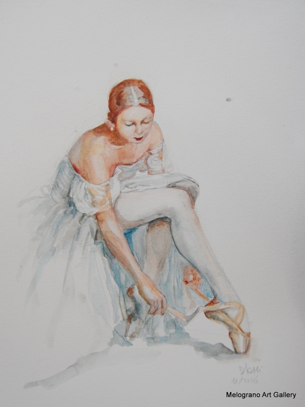 Acquarello delicato di Donatella LAmi che ritrae una ragazza con il vestito e le scarpette da danzatrice