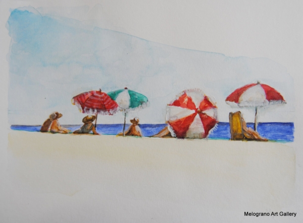 Gioiosi ombrelloni sulla spiaggia in un acquarello di Donatella Lami