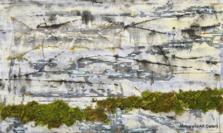 Mare d’inverno con Green, opera materica di Fabio Brambilla su cartone con applicazione di muschio stabilizzato nei toni freddi