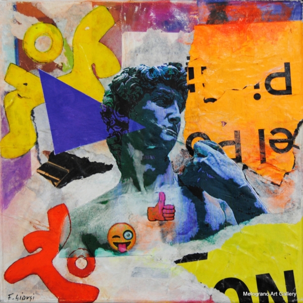 Segni Arcaici Omaggio al David, acrilico e collage pop di Fabrizio Giorgi