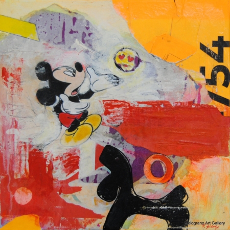 Segni Arcaici con Topolino, acrilico e collage pop di Fabrizio Giorgi