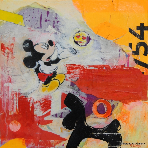 Segni Arcaici con Topolino, acrilico e collage pop di Fabrizio Giorgi