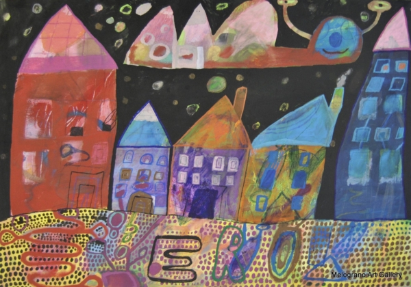 Opera di Federico Santini, pittura pop contemporanea con figure oniriche e colori morbidi